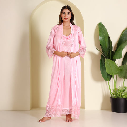 Women Nighty Satin Gown with Robe (Swarovski mini dot)