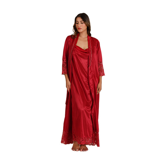 Women Nighty Satin Gown with Robe (Mini dot)