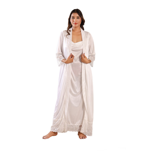 Women Nighty Satin Gown with Robe (Star Pearl)