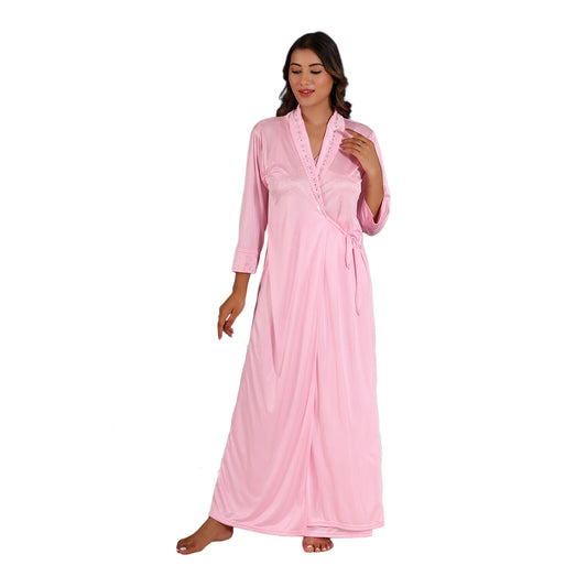 Women Nighty Satin Net Gown with Robe (Stone Flower)
