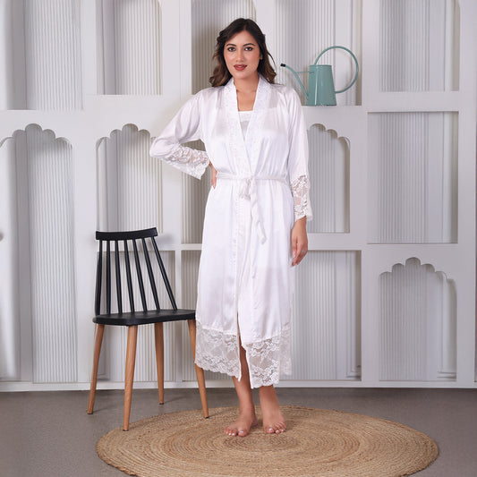 Women Nighty Japani Satin Top & Shorts with Robe (Pearl Flower)