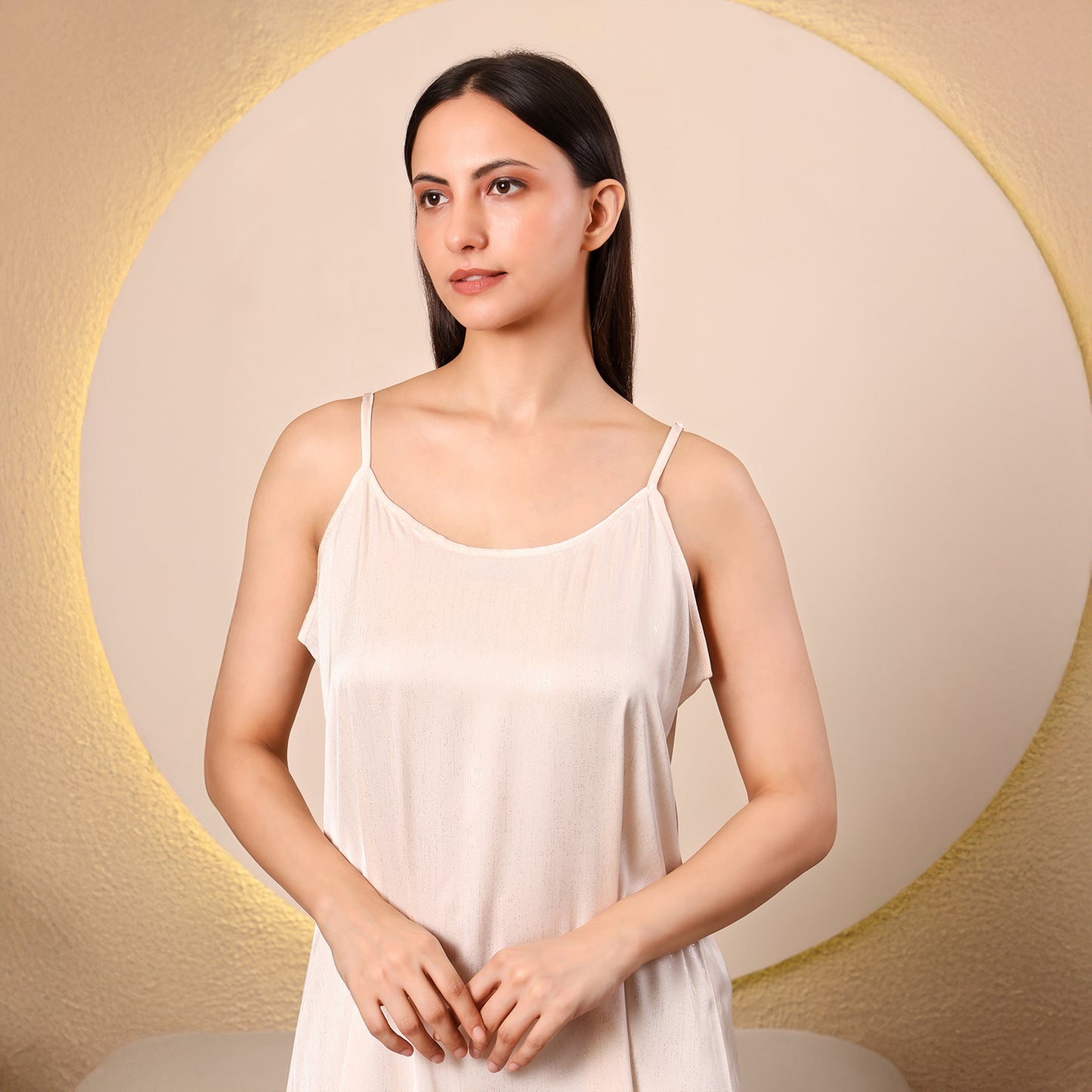 Women Gold Textured Satin Nighty