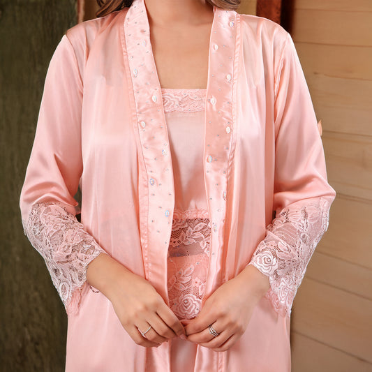 Women Nighty Japani Satin Top & Shorts with Robe (Pearl Petal)