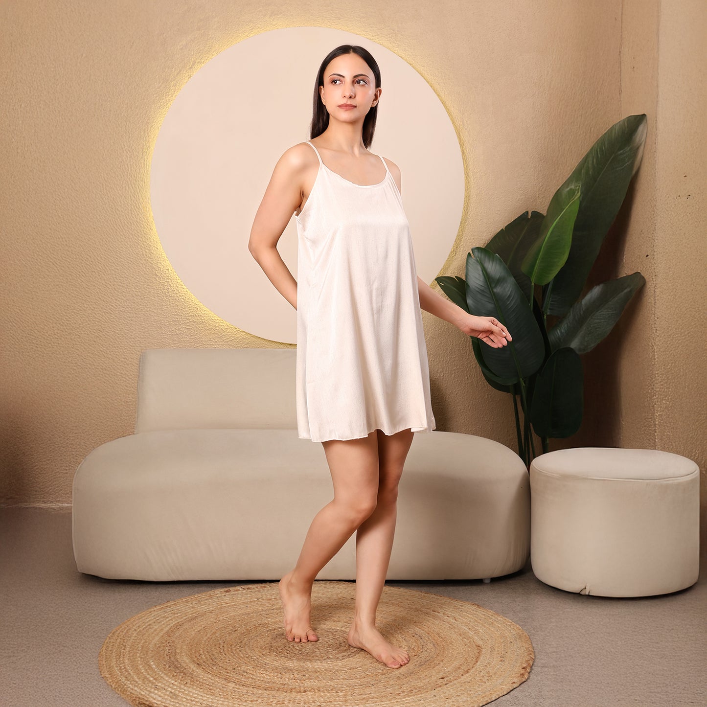 Women Gold Textured Satin Nighty