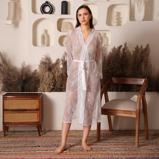Elegant Sheer White Lace Robe for Women with Waist belt