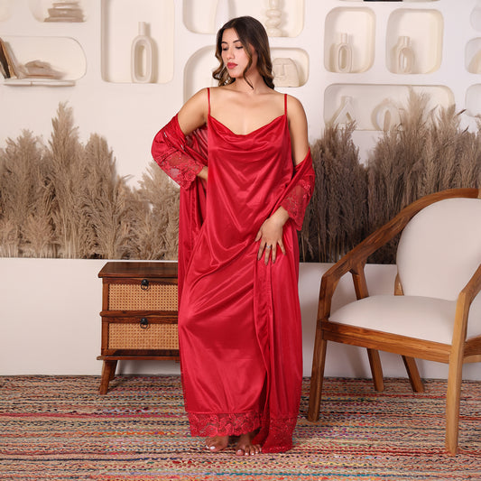 Women Satin Nightdress with Crystal And Pearl (long pearl)