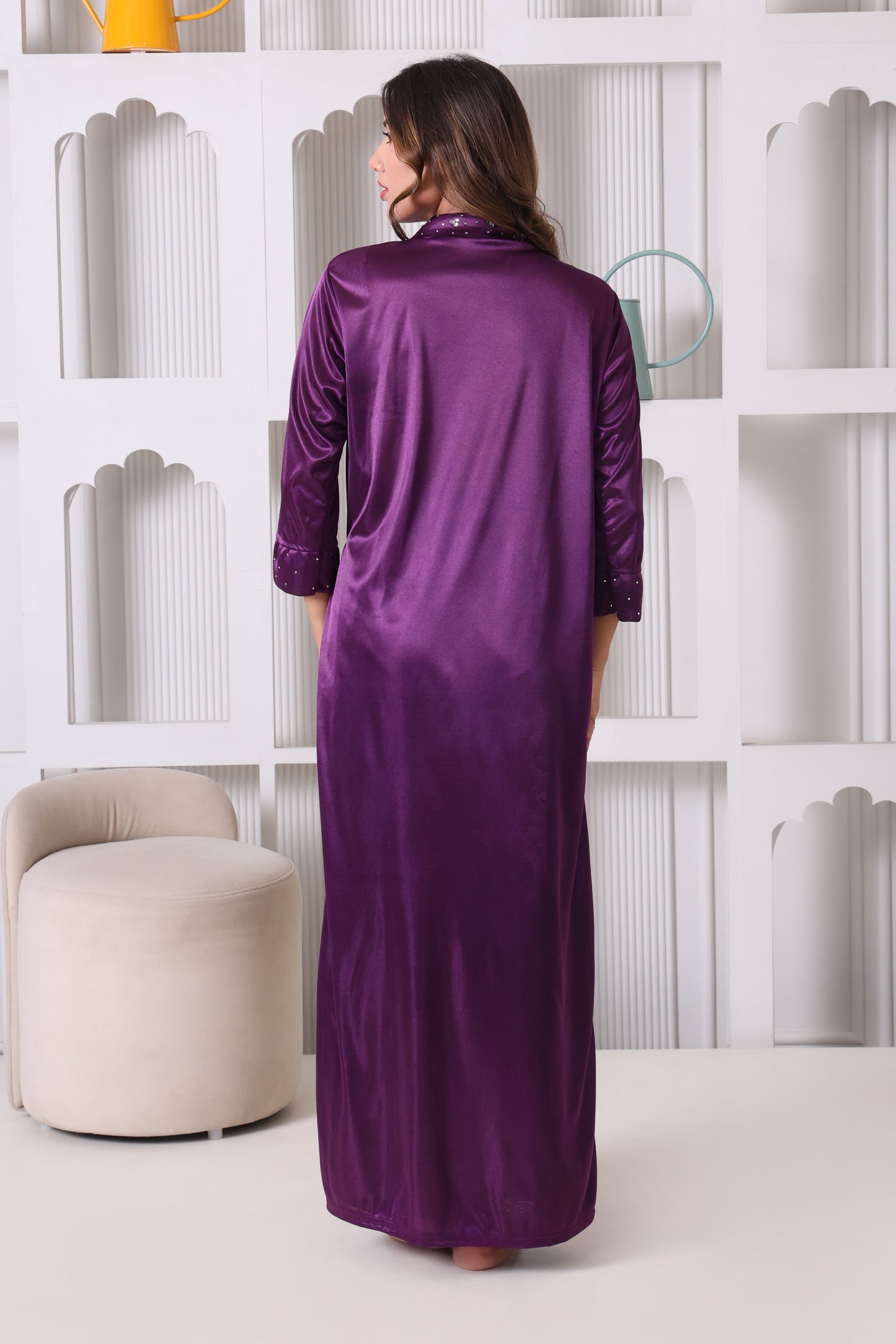 House of Elorra Women Premium Satin Bridal Nightdress with Elegant Swarovski Crystals and Lace Work