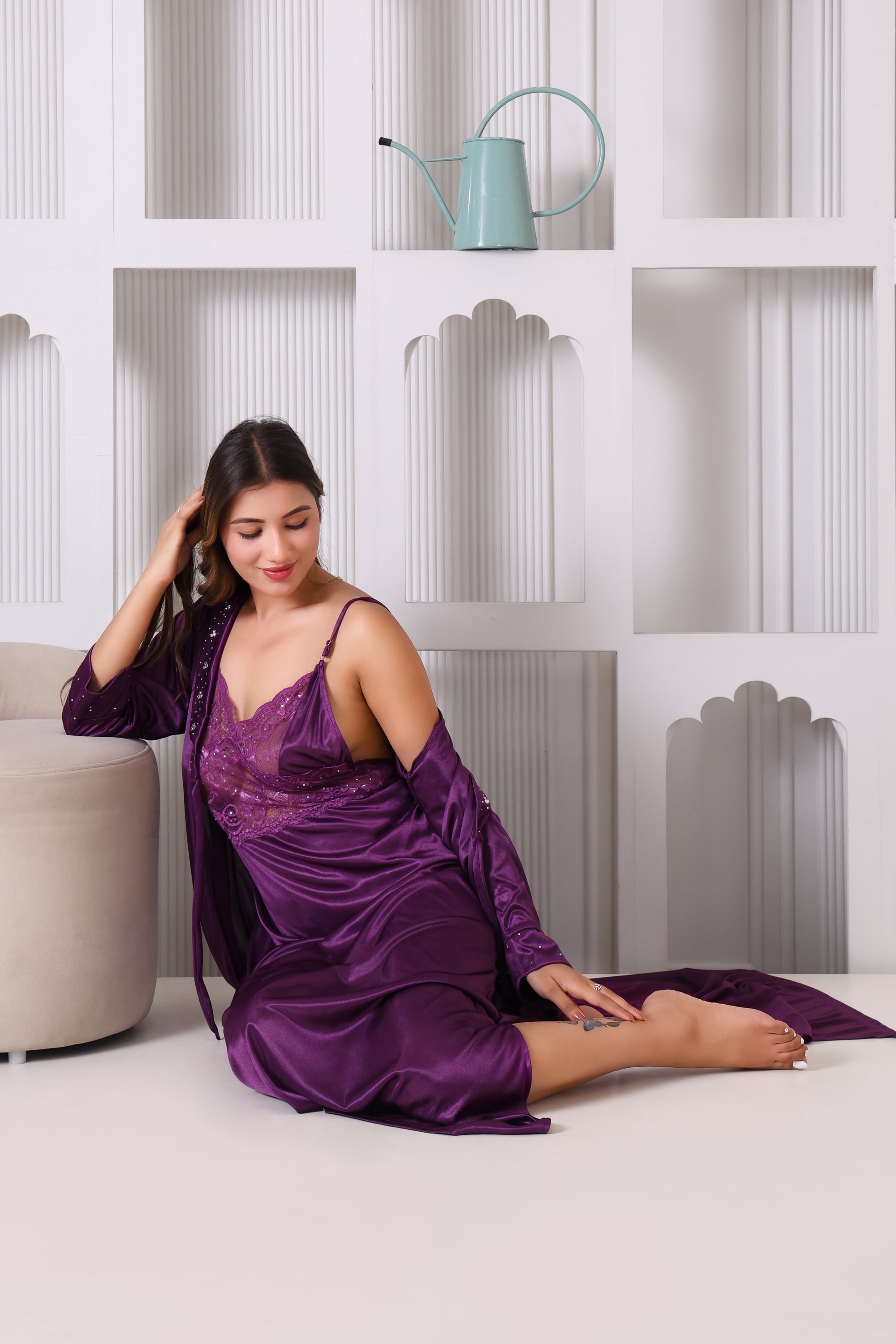 House of Elorra Women Premium Satin Bridal Nightdress with Elegant Swarovski Crystals and Lace Work