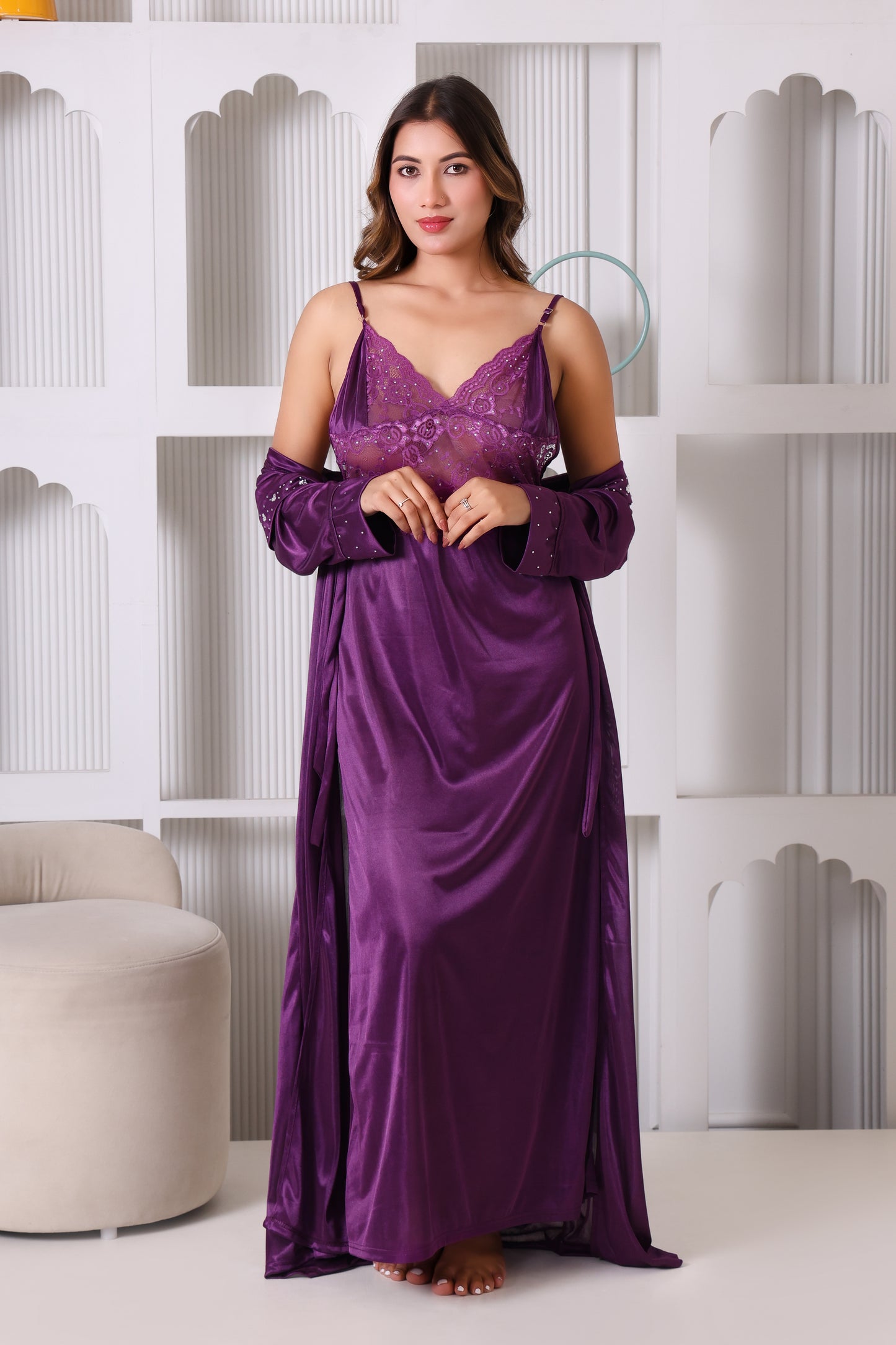 House of Elorra Women Premium Satin Bridal Nightdress with Elegant Swarovski Crystals and Lace Work